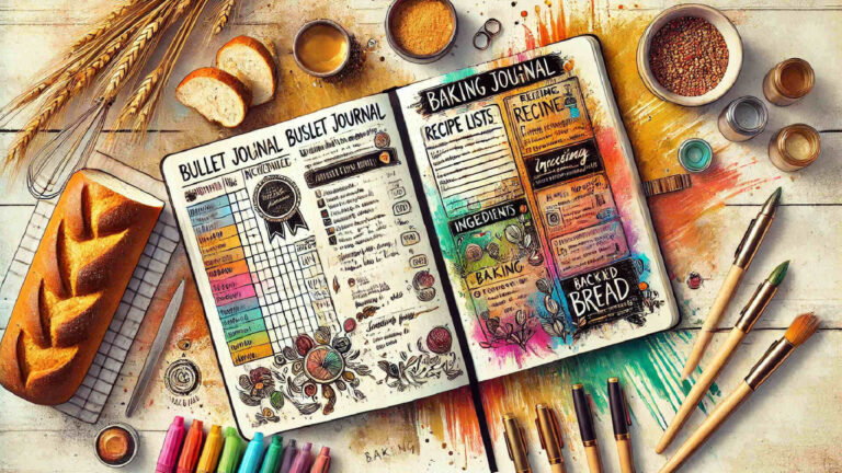 Open notebook with bullet journal layout used for organising baking recipes and kitchen planning.