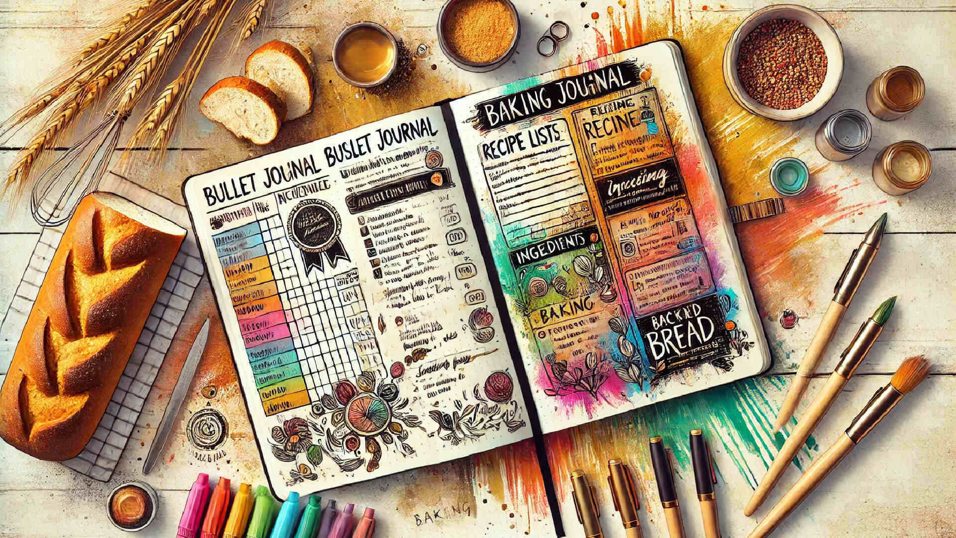 Open notebook with bullet journal layout used for organising baking recipes and kitchen planning.