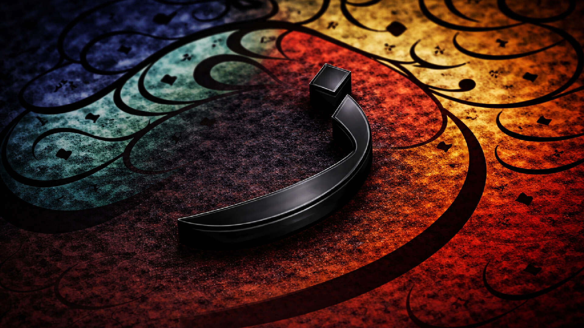 Arabic calligraphy letter Zay (ز) in black on a multicolour abstract background