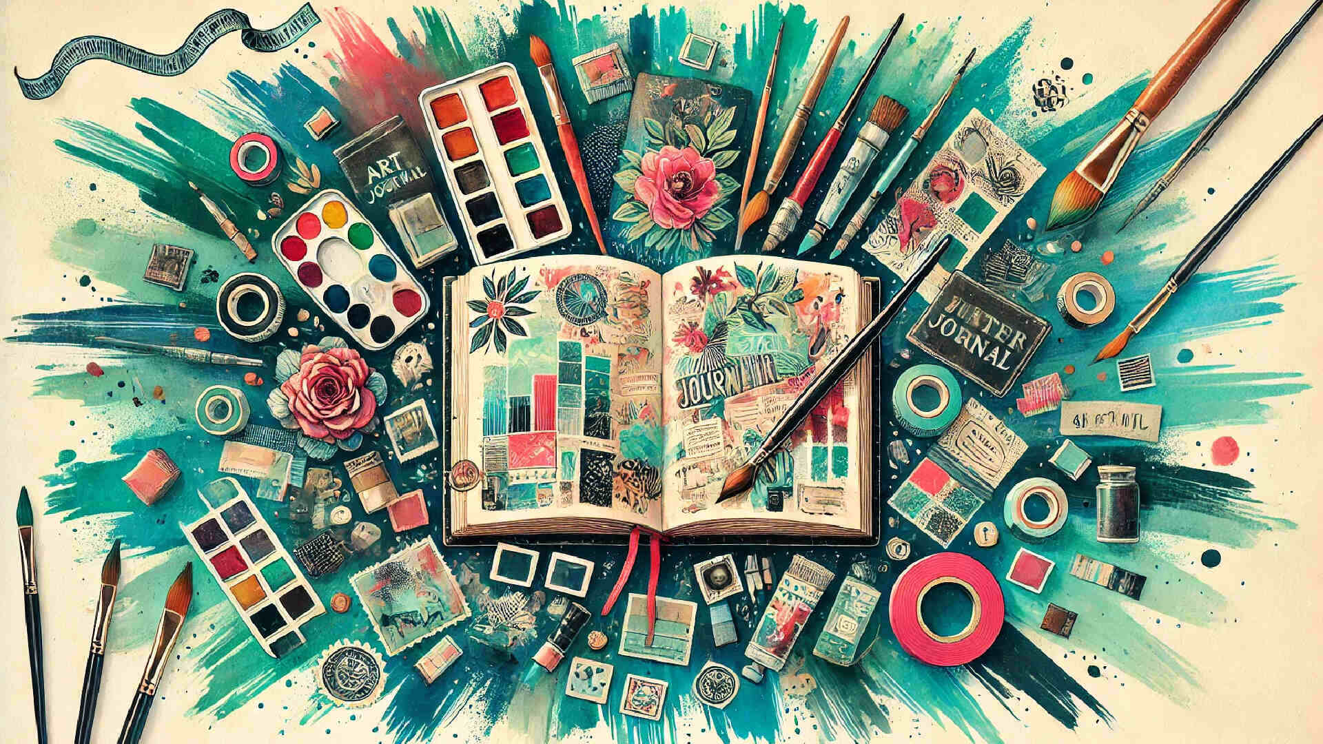 Open journal page featuring mixed media elements such as paint, collage, and handwritten notes.