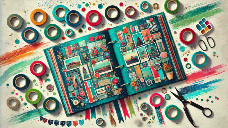 Scrapbook page decorated with stickers and colorful washi tape arranged creatively around photos and notes.