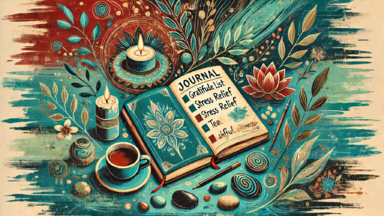 Open journal with handwritten reflections representing stress relief and mindfulness through writing.