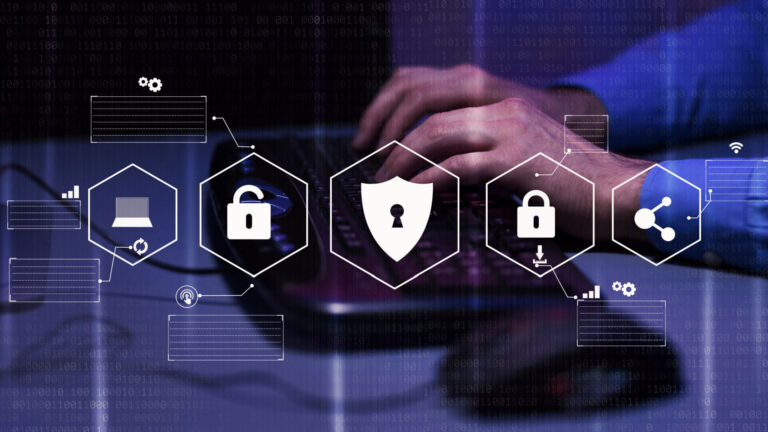 Laptop with digital security elements symbolizing cybersecurity protection for small businesses.