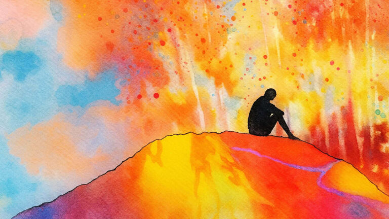 Person sitting alone on a hill in a quiet reflective moment with warm abstract colors