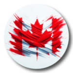 Circular abstract brushstroke design of the Canadian flag with red maple leaf on white background