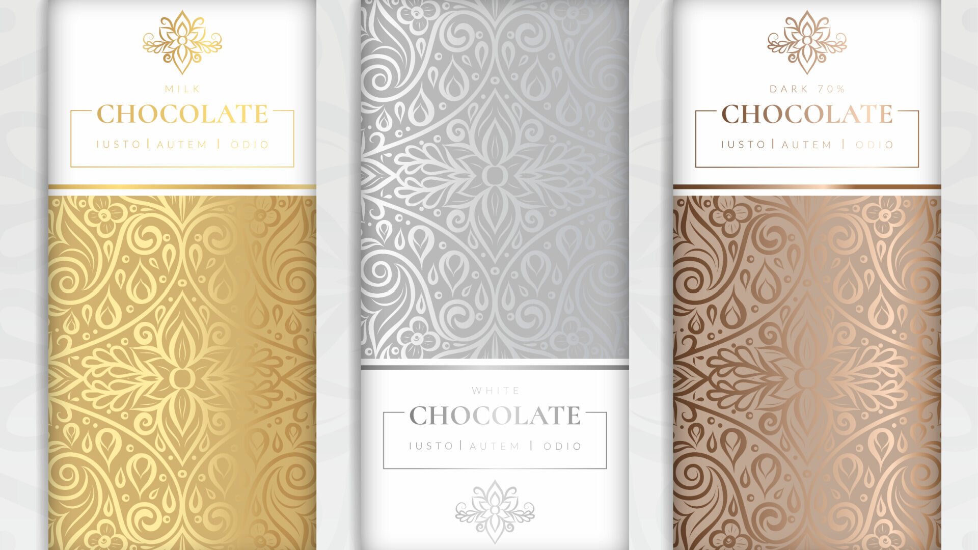 Dark, milk, and white chocolate pieces arranged to compare their differences.