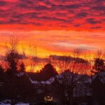 A vivid red and orange sunrise sky glowing behind silhouetted trees.
