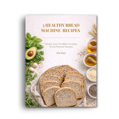 Cover of Healthy Bread Machine Recipes digital PDF with sliced bread and ingredients layout