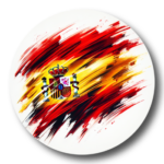 Circular brushstroke design of the Spanish flag with red and yellow and central crest