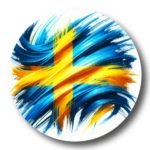 Circular brushstroke artwork of the Swedish flag with yellow cross on blue background