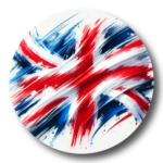 Circular brushstroke representation of the UK Union Jack flag in red white and blue