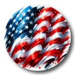 Circular brushstroke artwork of the United States flag with stars and red and white stripes