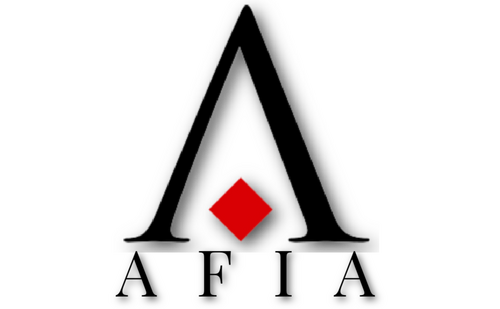 Stylized Afia logo with a minimalist letter A and a red diamond accent on a black background