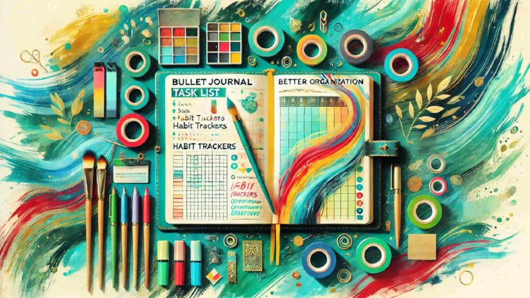 Open bullet journal with task list and habit tracker surrounded by colourful pens, brushes, and stationery