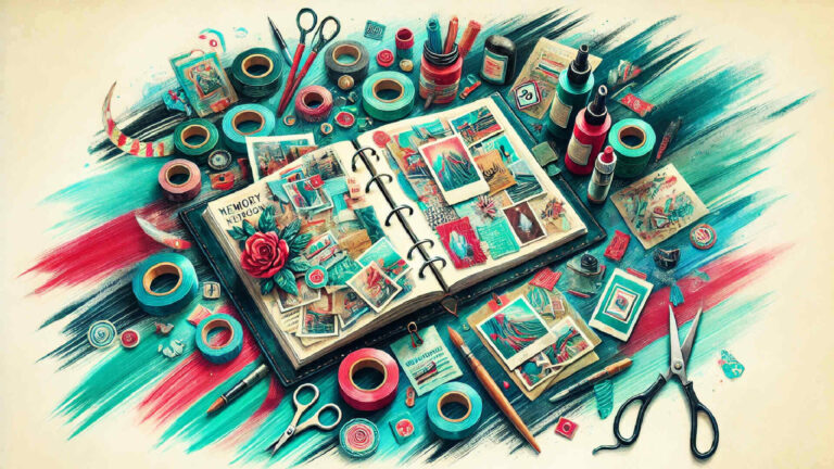 Open scrapbook filled with photos and decorations surrounded by washi tape, scissors, and craft supplies on a colorful background