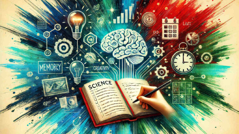 Hand writing in notebook with illustrated brain, lightbulb, and planning symbols representing thinking and creativity