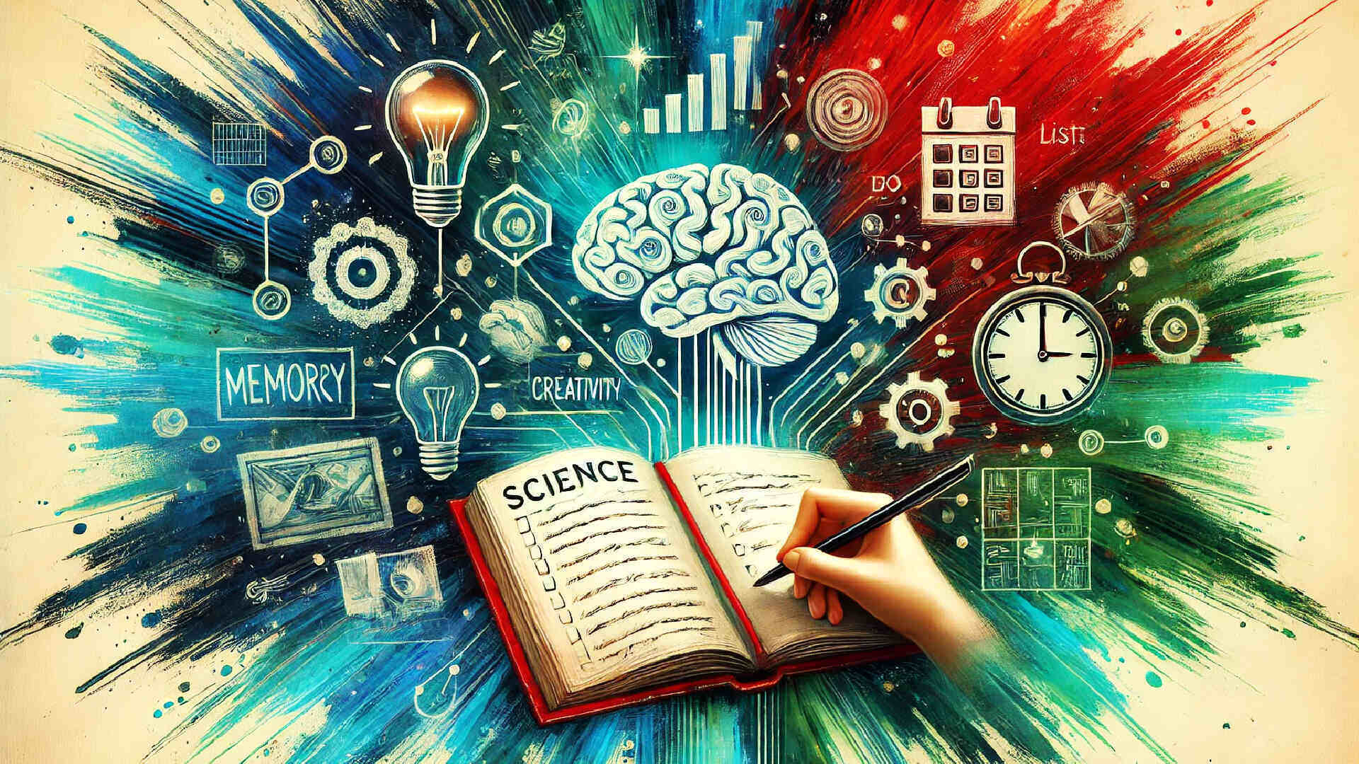 Hand writing in notebook with illustrated brain, lightbulb, and planning symbols representing thinking and creativity