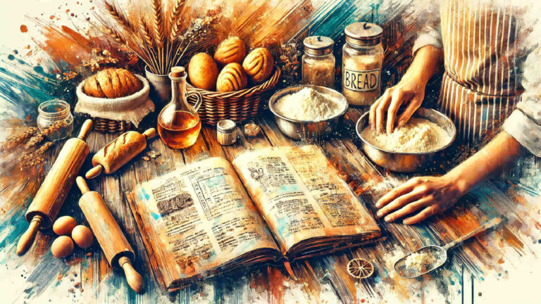 Open recipe journal on a wooden table surrounded by baking ingredients and hands preparing dough, representing the process of documenting bread recipes