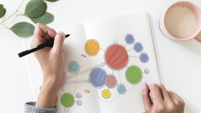 Hands sketching a social media analytics and content strategy diagram in a notebook with connected coloured circles representing data insights