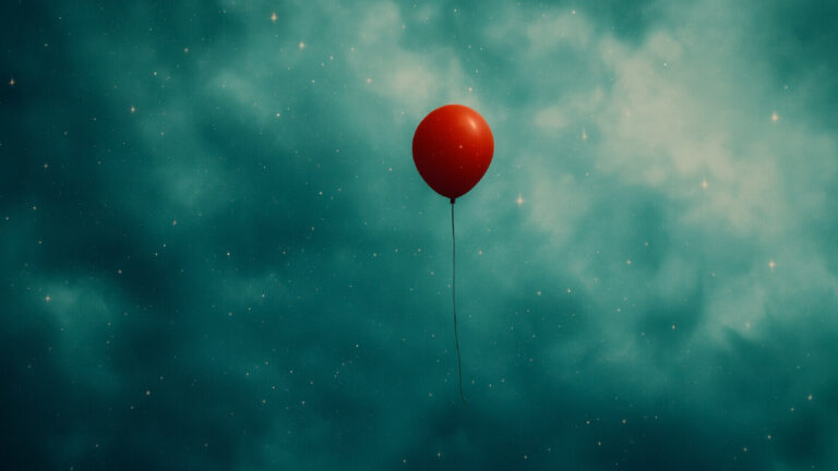 Single red balloon floating alone in a dark teal sky with soft clouds and stars, creating a dreamlike and reflective atmosphere.