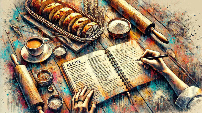 Open recipe journal surrounded by bread, baking tools, flour, wheat stalks, and coffee on a rustic wooden table, illustrating the practice of recording bread-making notes and recipes.