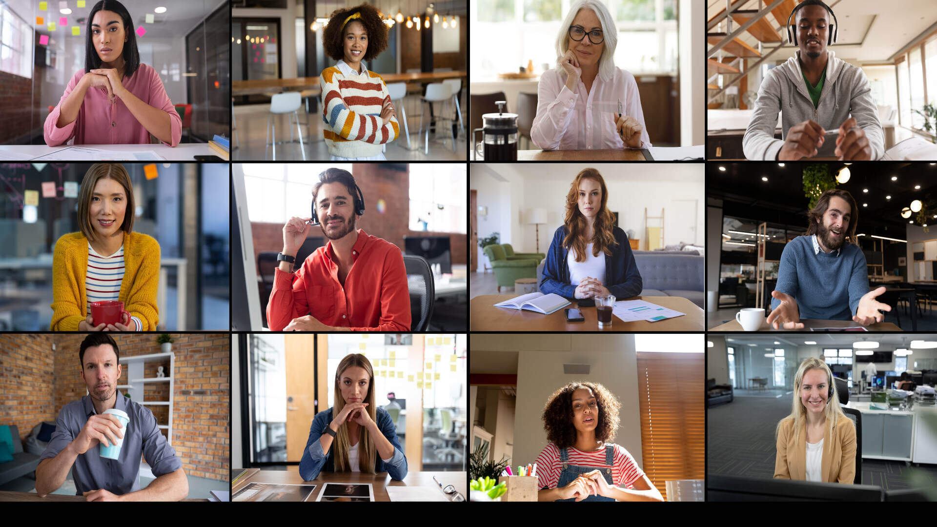 Remote team members participating in a virtual meeting from different locations.