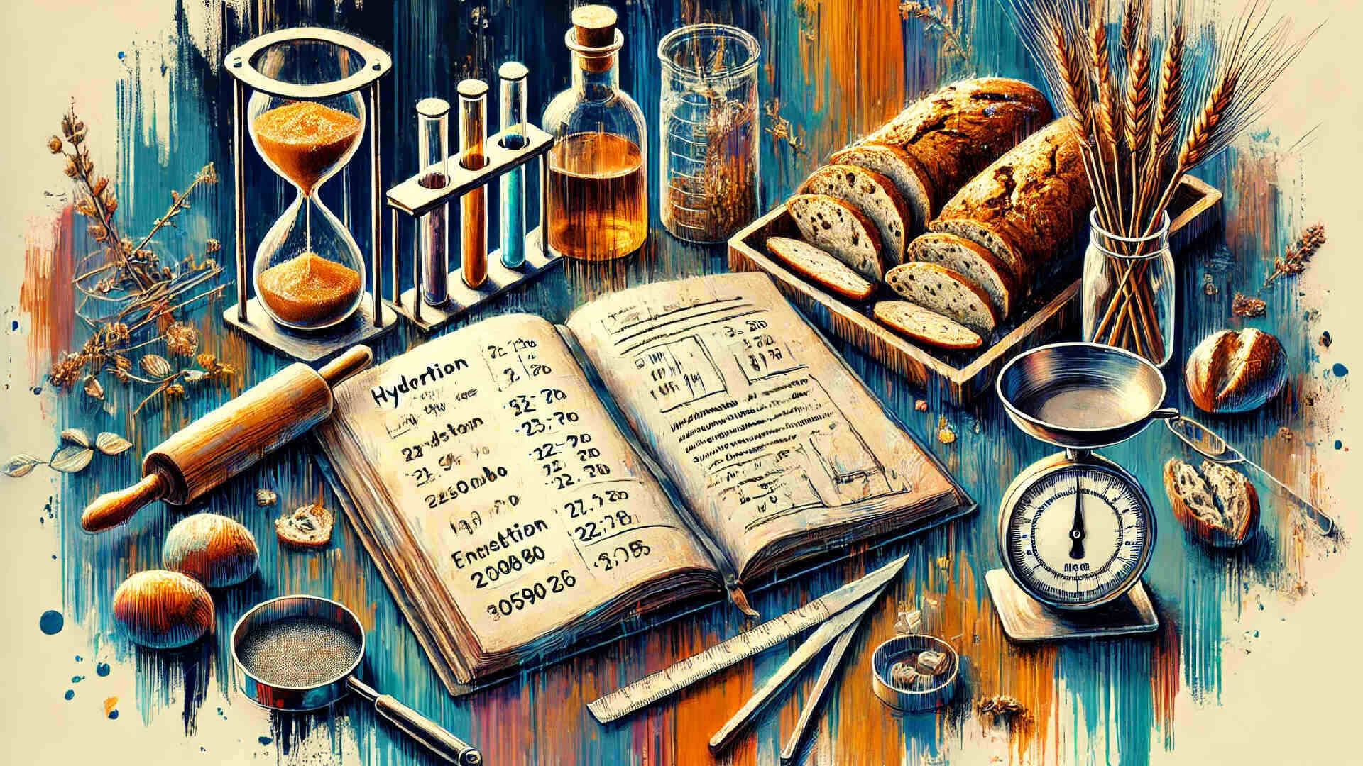 Open bread baking notebook with recipe notes, baking tools, measuring scale, test tubes, bread loaves, and ingredients arranged on a colourful work surface.