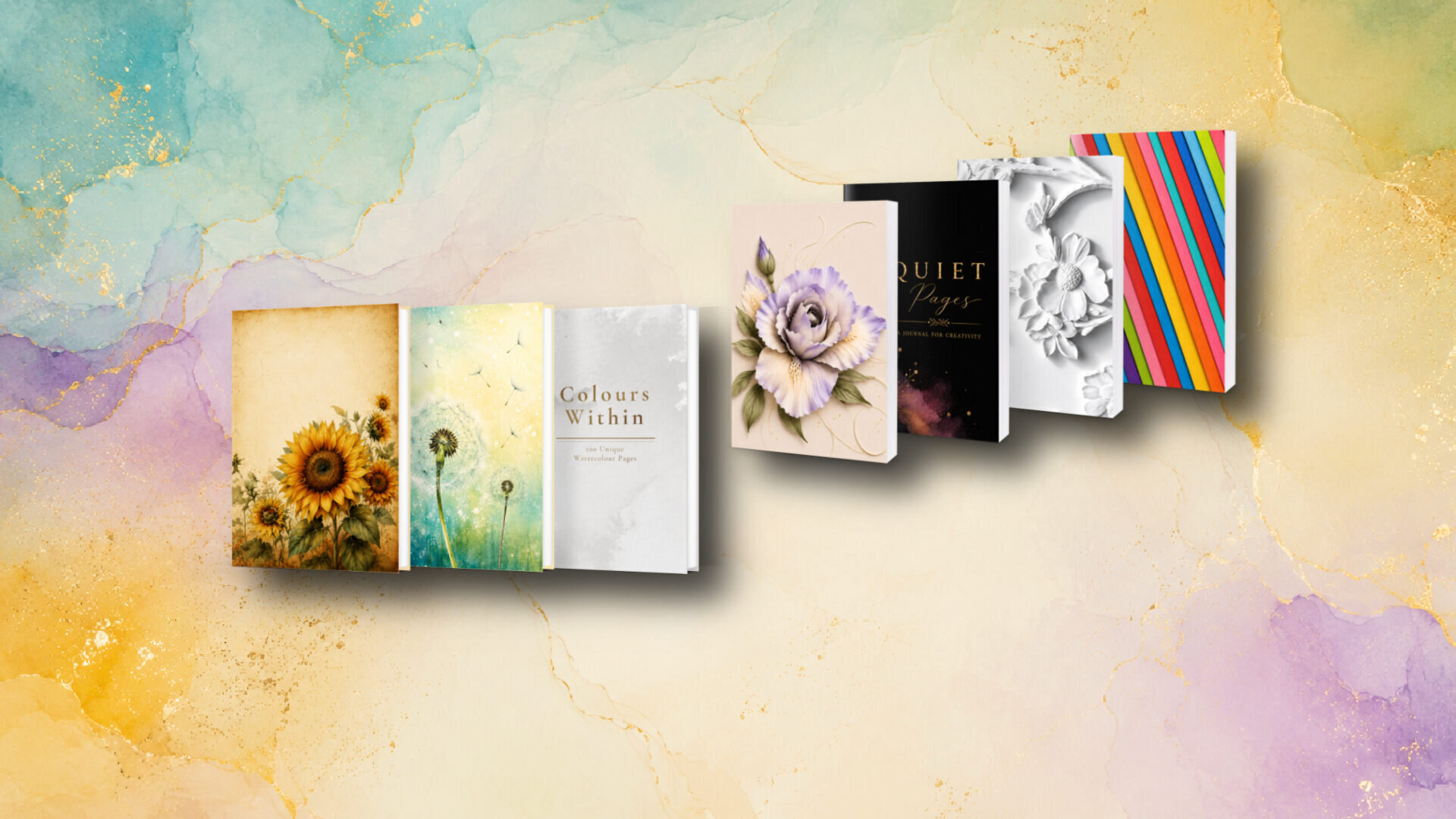 Collection of seven artist-designed notebooks featuring botanical, watercolour, and paper art covers displayed on a soft abstract background.