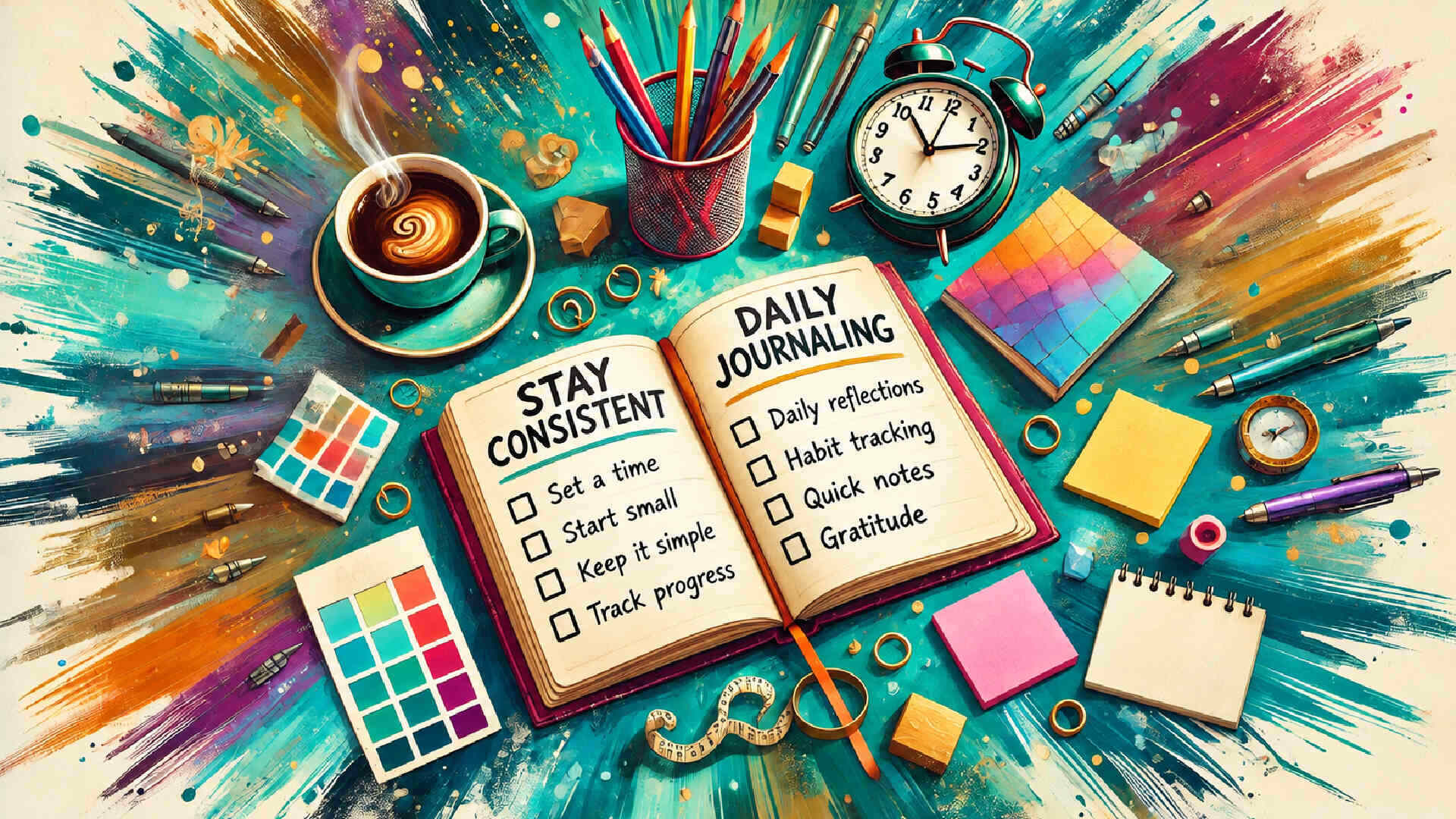 Open journal showing tips for staying consistent with daily journaling, surrounded by pens, pencils, coffee and colourful stationery.